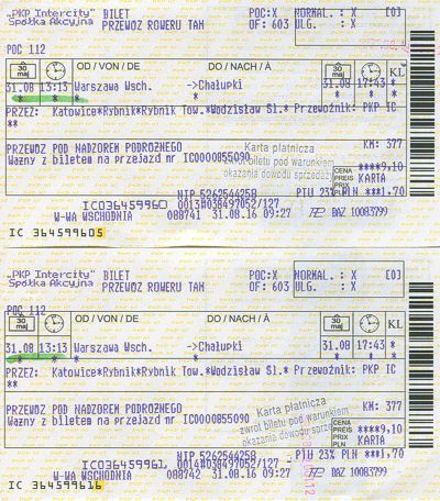 Jízdenka pro kolo (Koupil jsem pouze na úsek Warszawa-Chalupki, stálo to 9,10 Zl. namísto 10 € kdybych koupil jízdenku pro kolo až do Ostravy. Počítal jsem s tím, že český průvodčí nepřijde a pokud jo, tak mu zaplatím ve vlaku 30 Kč, klasicky jako za kolo v ČR. Je to rozhodně lepší varianta než platit 10 € za kolo.)<br /><br />+jízdenka pro osobu (pořád ta stejná)